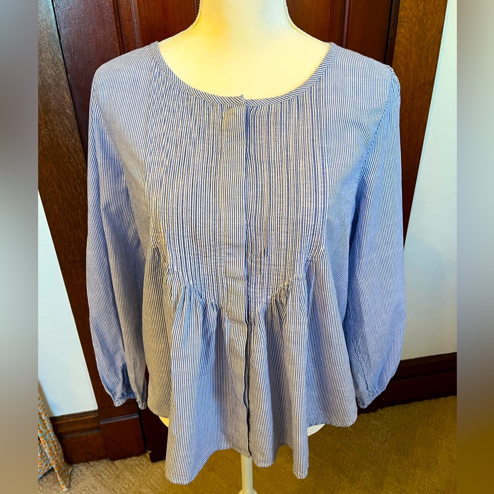 LuckyBrand Blue and white pinstriped top-large-pleated and buttons in front.